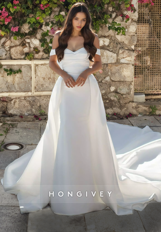 Popular Off-Shoulder With Train Satin Long Beach Wedding Dress