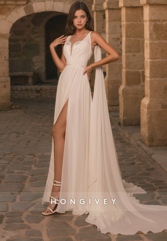 Sexy V-Neck Spaghetti Straps Backless With Side Slit Long Beach/Bohemian Wedding Dress