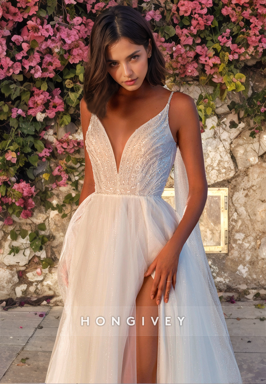 Sexy V-Neck Spaghetti Straps Backless With Side Slit Long Beach/Bohemian Wedding Dress