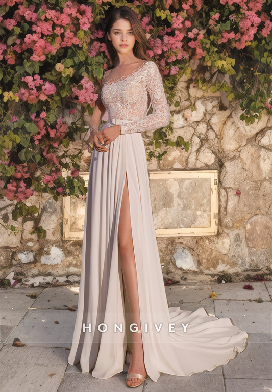 A-Line Scoop Long Sleeve Lace Applique With Side Slit Wedding Dress