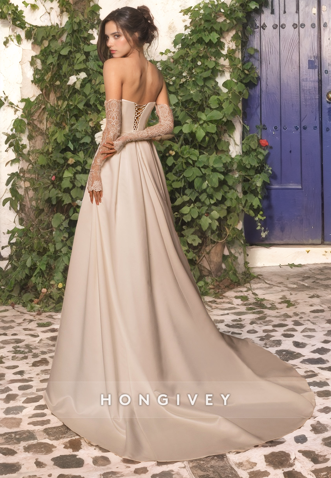 Sexy Sweetheart Strapless Long Sleeve With Sweep Train Long Beach Wedding Dress