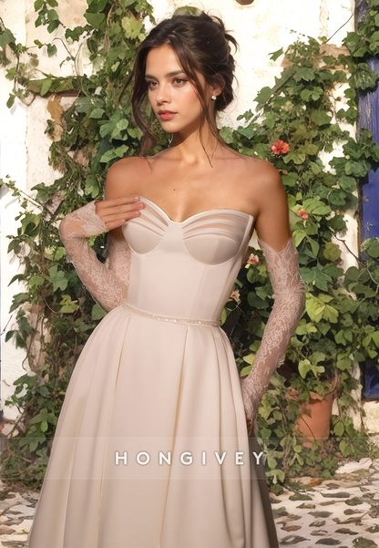 Sexy Sweetheart Strapless Long Sleeve With Sweep Train Long Beach Wedding Dress