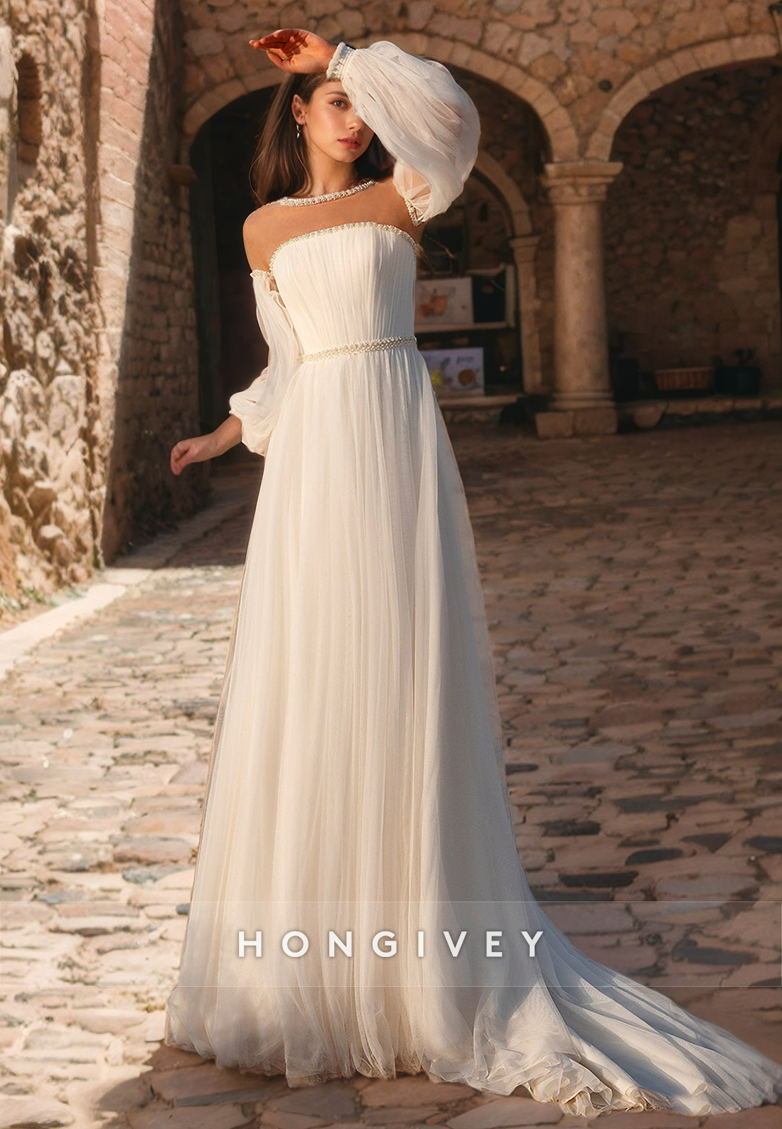 A-Line Round Long Sleeve Pearls Empire Beach Wedding Dress