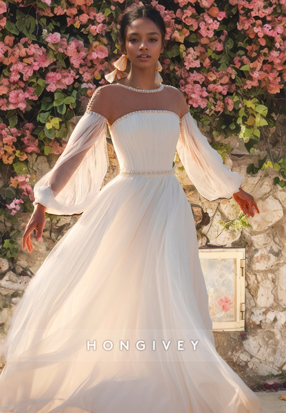 A-Line Round Long Sleeve Pearls Empire Beach Wedding Dress