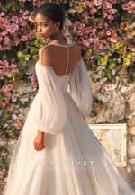 A-Line Round Long Sleeve Pearls Empire Beach Wedding Dress