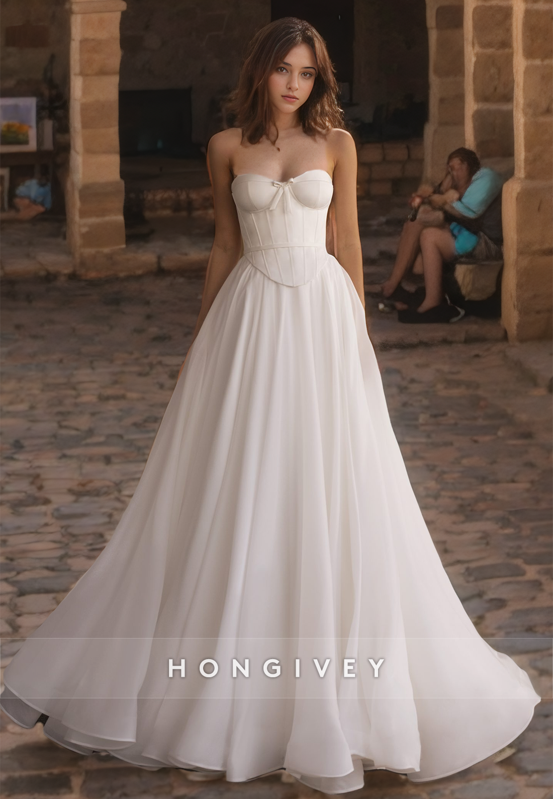 HONGIVEY Classic Tulle Sweetheart A-Line Sleeveless Strapless Floor-Length Wedding Dress