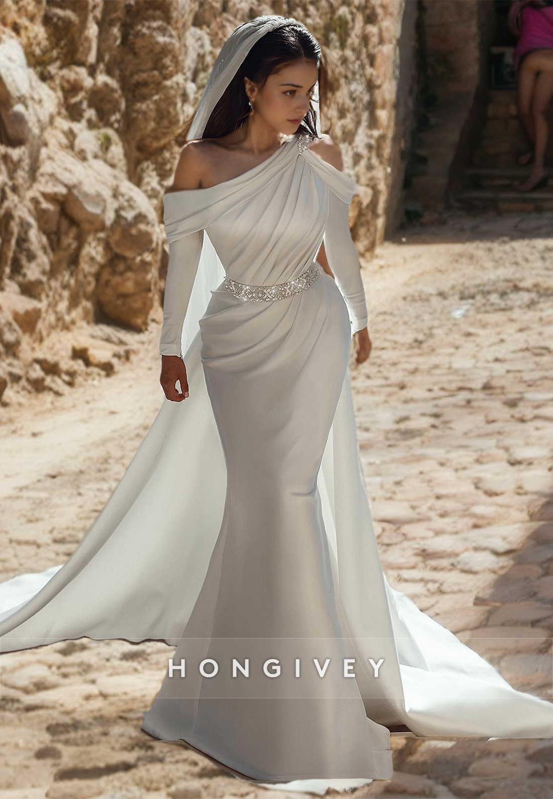 HONGIVEY Asymmetrical Long Sleeves Wedding Dress with Train Elegant Mermaid Bride Gown