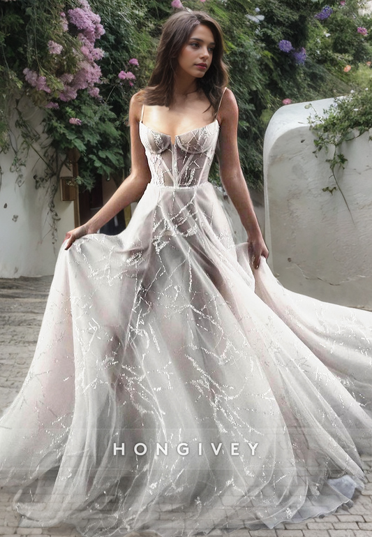 HONGIVEY Special Patterns Square A-Line Straps Tulle Wedding Dress Chic Bridal Dresses