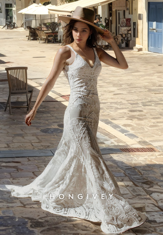 HONGIVEY Sexy Straps Sleeveless Lace Applique Mermaid Wedding Dress with Train 2024