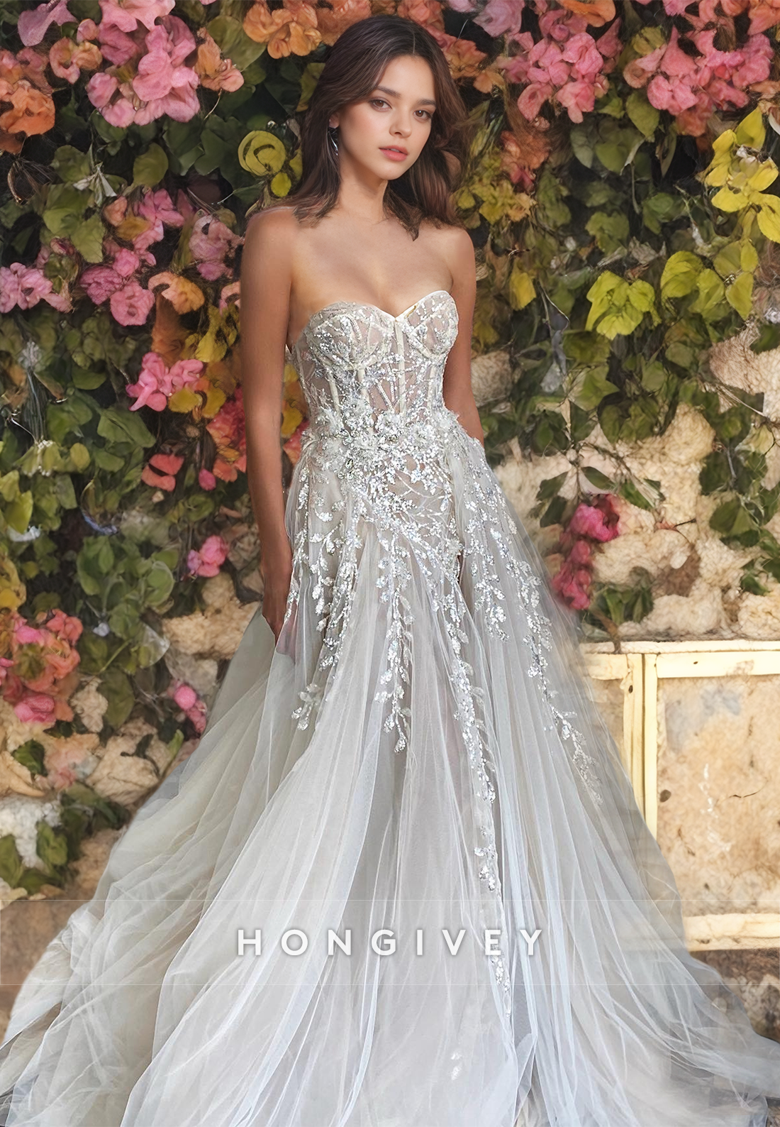 HONGIVEY Applique Tulle Wedding Dress with Side Slit 2024 New Strapless A-Line Bride Gown