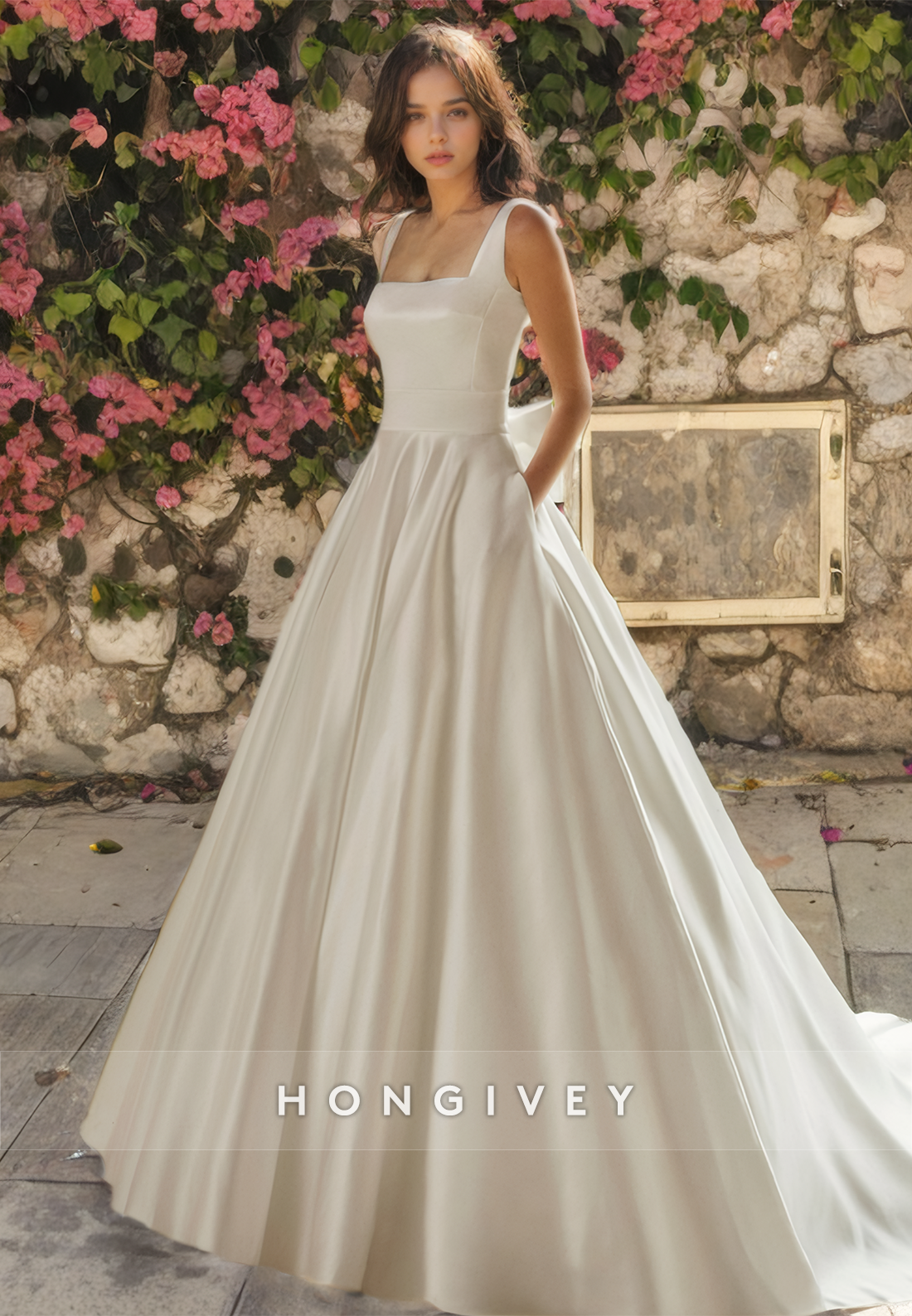 HONGIVEY Square A-Line Satin Wedding Dress Classic Sleeveless Bridal Gown with Train