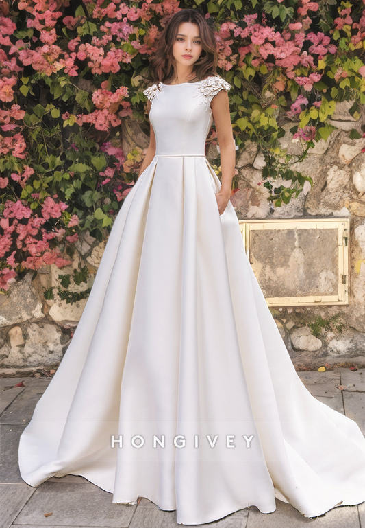 HONGIVEY Elegant Applique Short Sleeves Bateau A-Line Floor-Length Satin Wedding Dress