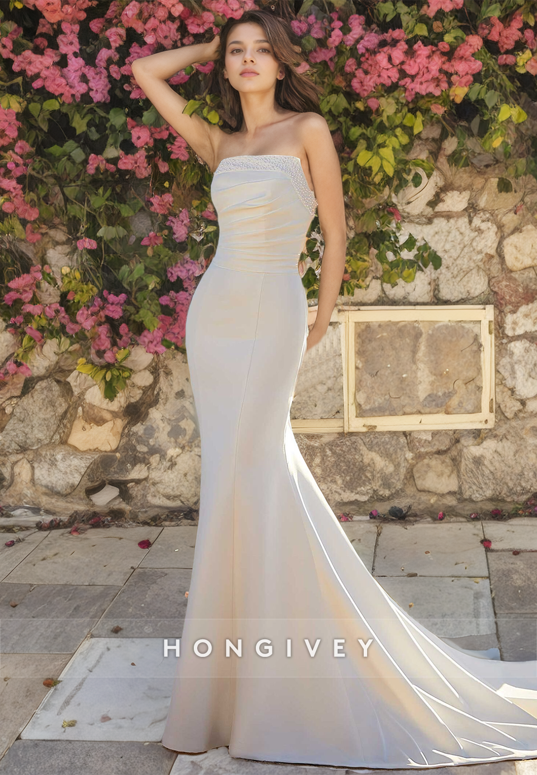 HONGIVEY Chic Beaded Strapless Mermaid Wedding Dress Simple Satin Brial Gown