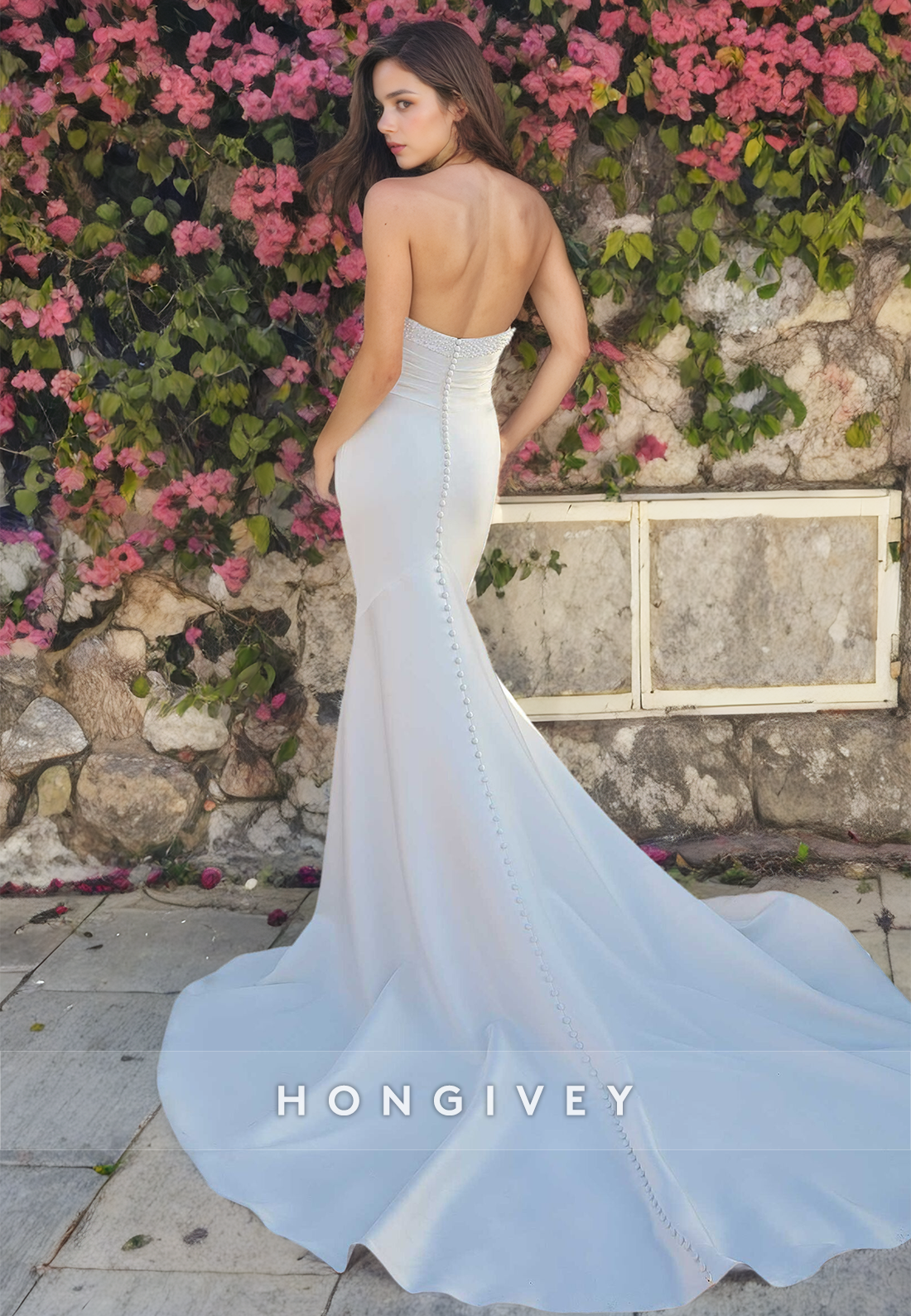 HONGIVEY Chic Beaded Strapless Mermaid Wedding Dress Simple Satin Brial Gown