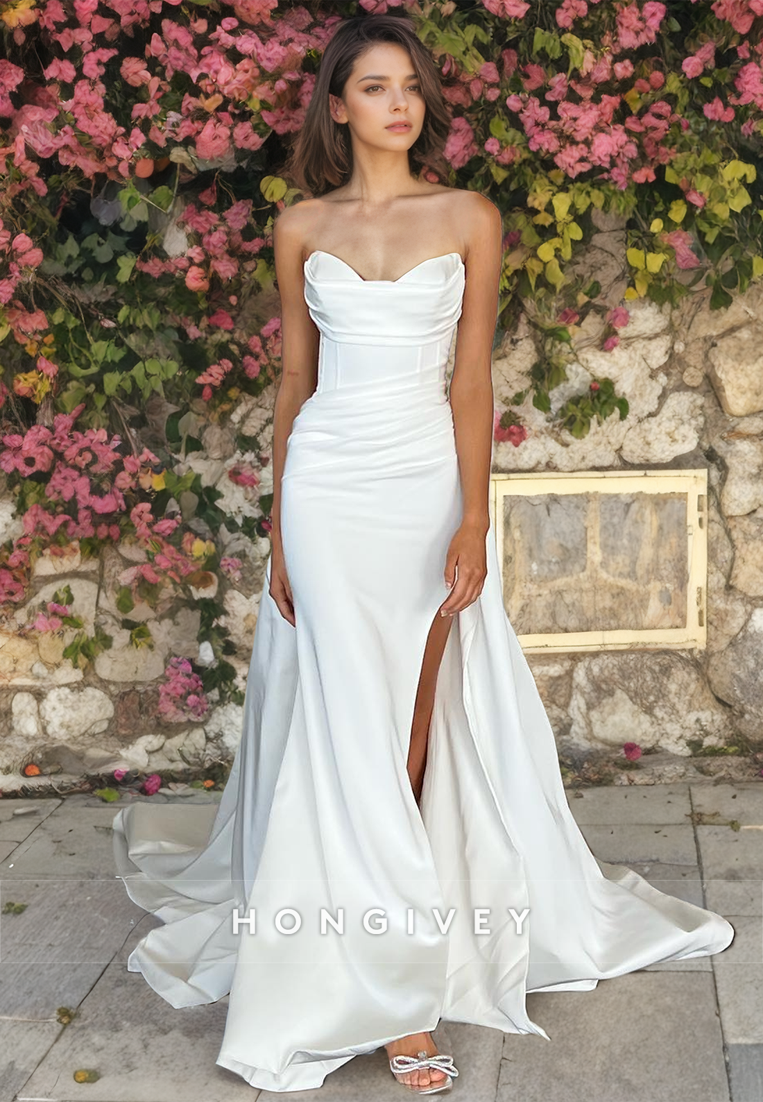 Simple Strapless Ruched With Train And Slit Wedding Dress