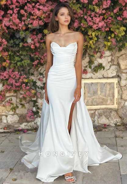 Simple Strapless Ruched With Train And Slit Wedding Dress