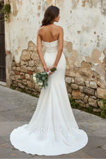 Simple Strapless Ruched With Train And Slit Wedding Dress