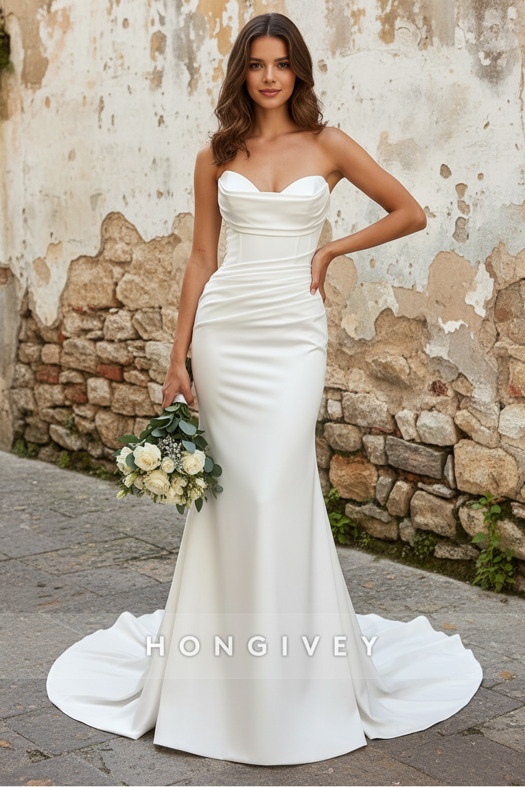 Simple Strapless Ruched With Train And Slit Wedding Dress