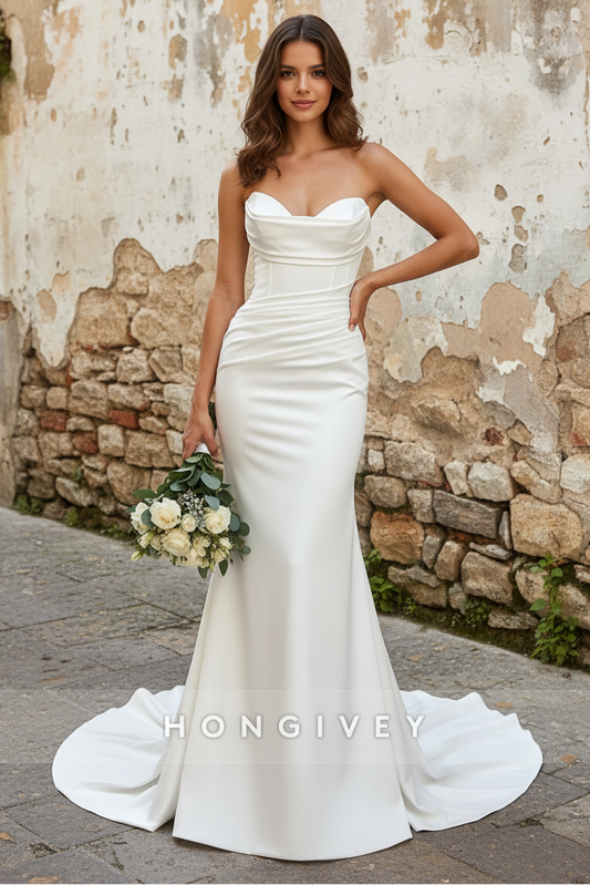 Simple Strapless Ruched With Train And Slit Wedding Dress