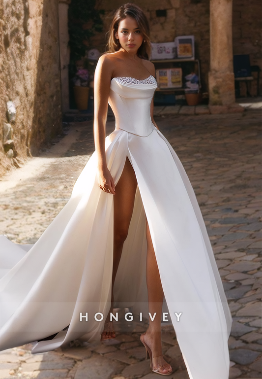 HONGIVEY Chic Beaed Sweetheart Satin Wedding Dress Side Slit Strapless A-Line Brial Gown