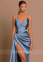 Strapless Pleated Sleeveless Floor-Length Prom Dresses with High Slit