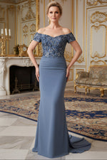 Off-Shoulder Mermaid Gown with Embroidered Illusion Bodice Dusty Blue