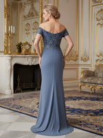 Off-Shoulder Mermaid Gown with Embroidered Illusion Bodice Dusty Blue