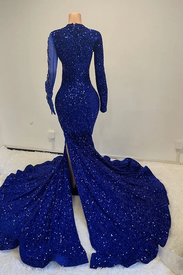 Royal Blue Long Sleeves Scoop Prom Dress Mermaid Split Sequins With Beadings
