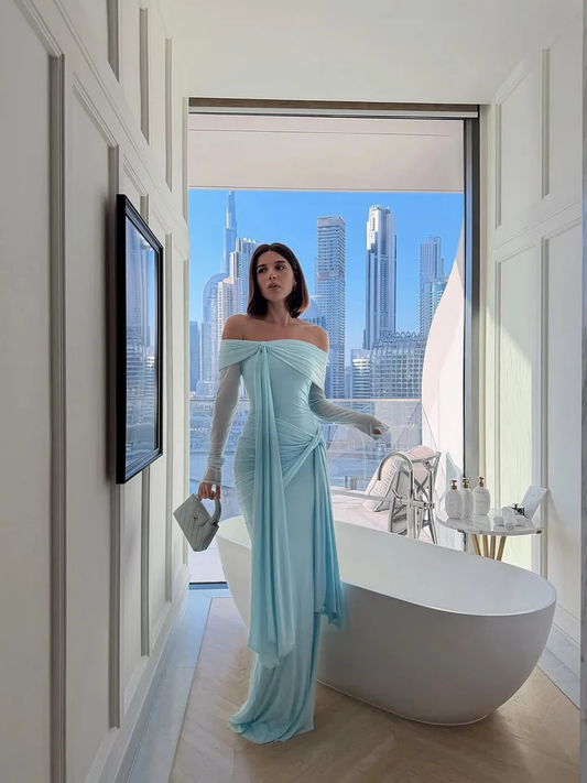 Chiffon Off-The-Shoulder Long Sleeves High Waist Long Mermaid Prom Dress