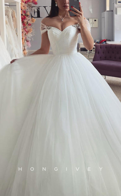 H1695 - Sweetheart Off-Shoulder Tulle A-Line With Train Wedding Dress