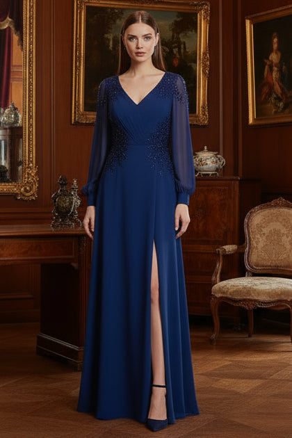 Long Sleeve Chiffon A-Line Gown with Beaded Illusion Bodice Dark Navy
