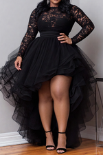 Plus Size Cocktail Party Black Round Neck Long Sleeve High Low Hem Elegant Ruffle Tulle Lace Mini Dresses
