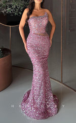 L2798 - Glitter Trumpet Strapless Beaded Party Prom Evening Dress