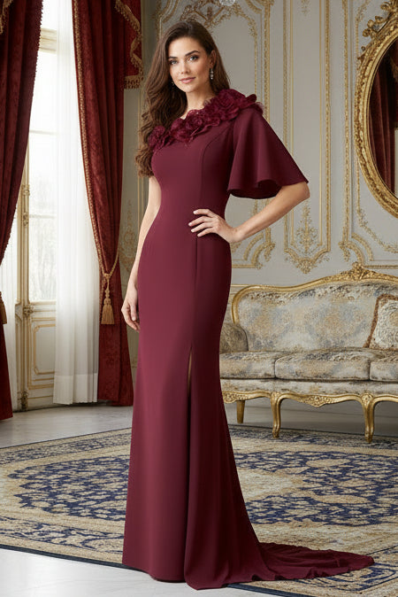 Crepe Fabric Evening Dress featuring Flounced Sleeve Burgundy