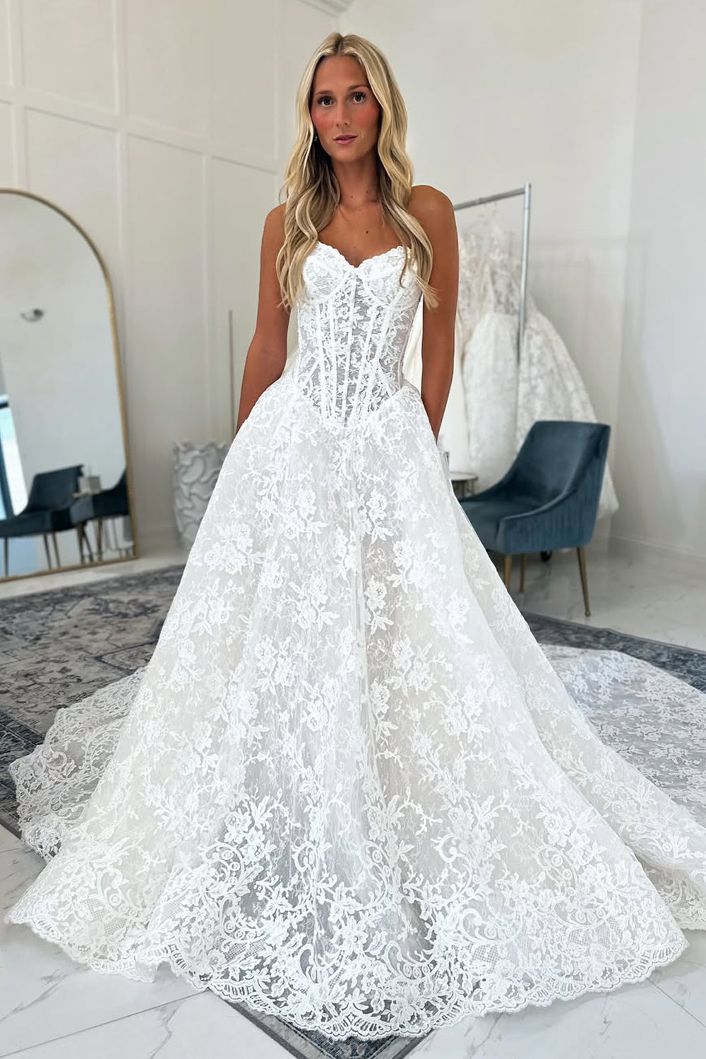 Bohemian A Line Sweetheart Lace Wedding Dress