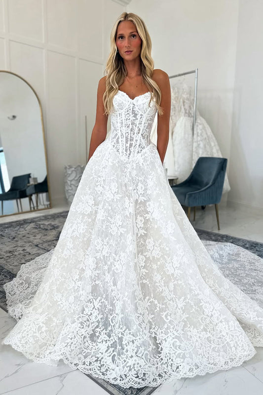 Bohemian A Line Sweetheart Lace Wedding Dress