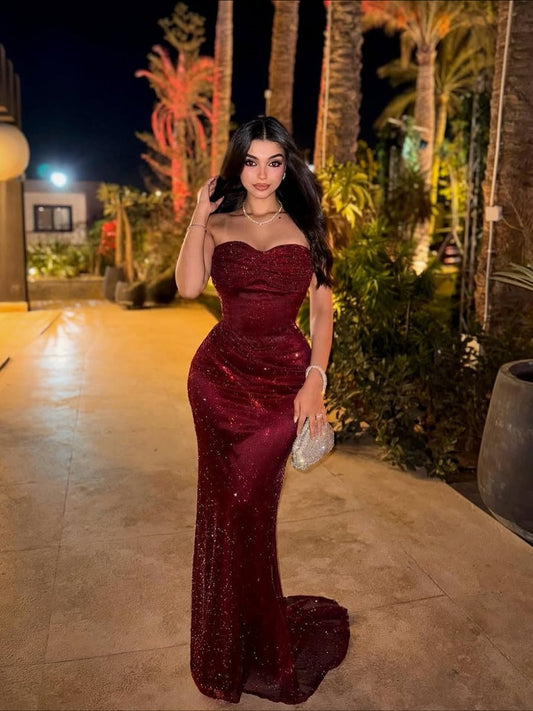 Red Sweetheart Floor-Lenght Sequins Mermaid Sparkly Prom Dress