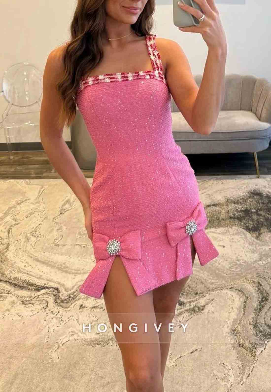 Square Neck Regular Straps Bowknot Sleeveless Short Homecoming Dresses