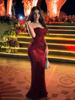 Red Sweetheart Floor-Lenght Sequins Mermaid Sparkly Prom Dress