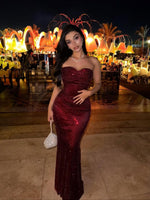 Red Sweetheart Floor-Lenght Sequins Mermaid Sparkly Prom Dress