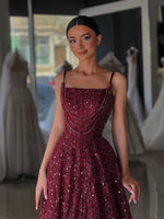 Spaghetti Straps Sleevless Sequins Sparkle A-Line Floor-Length Evening Dress