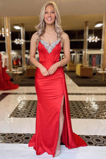 Black Satin Spaghetti Strap Prom Dress with Beaded Neckline and Side Slit