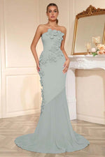 Candy Pink Strapless Sleeveless Long Mermaid Prom Dress With Flower Appliqués