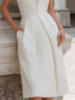 High-Neck Sculpted Pleat A-Line Midi Dress
