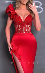 L2806 - V-Neck One Shoulder Illusion Empire Appliques With Side Slit Party Prom Evening Dress