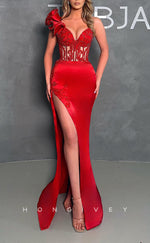 L2806 - V-Neck One Shoulder Illusion Empire Appliques With Side Slit Party Prom Evening Dress