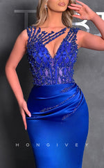 L2799 - Satin Round Sleeveless Beaded Pleats Party Prom Evening Dress