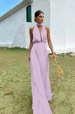 Charming Sleeveless Halter V Neck Long Prom Dress With Pleated