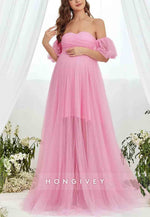 Maternity Sweetheart Off the Shoulder Puff Sleeve Mesh Overlay Wedding Dress
