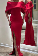 L2967 - Casual Satin Off-Shoulder Sheath With Side Slit Party Prom Evening Dress